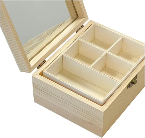 Vista 3 de Paquete de 3 joyeros de madera de superficie sin terminar (6 x 4.7 x 3 pulgadas), caja pequeña de madera con espejo de vidrio