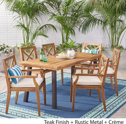 Vista 2 de Christopher Knight Home Justin Outdoor - Juego de comedor de madera de acacia, 7 piezas, acabado de teca, metal rústico, crema