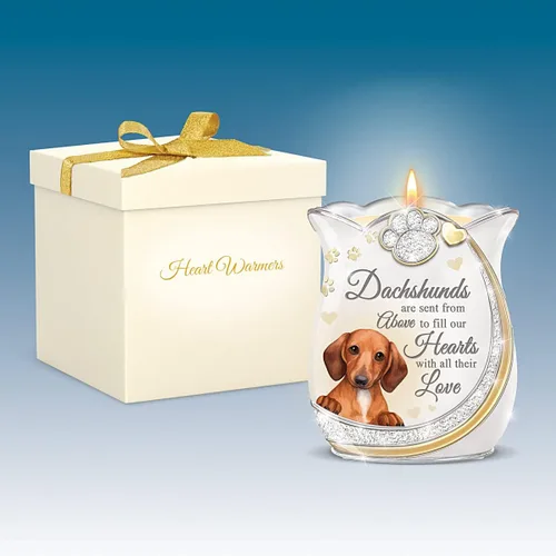 Vista 4 de Portavelas de porcelana con detalles de oro de 22 quilates y purpurina con arte de perro salchicha a todo color y viene con una vela de candelita