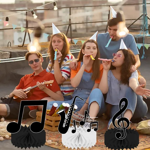 Vista 6 de Notas musicales para decoración de mesa de fiesta, 11 piezas, centros de mesa de panal de abeja para notas musicales, temática de fiesta