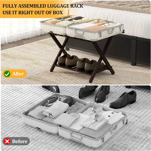 Vista 3 de Juego de 2 portaequipajes de bambú, totalmente montado, para habitación de invitados, soporte plegable para maleta con estante para zapatos, soporte
