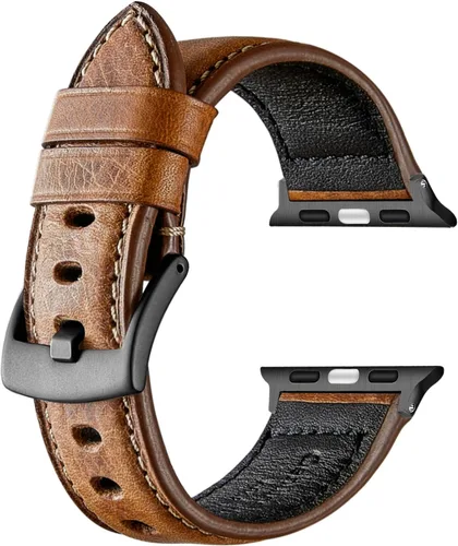 Vista 8 de Genuine Leather Watch Band Compatible with Apple Watch,Italian Cowhide,Retro Style,Black Buckle,Golden Brown and Chestnut Brown,38/40/41mm and