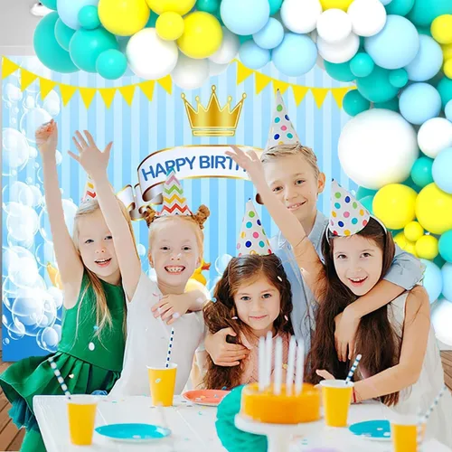 Vista 7 de Kit de arco de globos azul, amarillo y blanco, guirnalda de globos azul claro, verde azulado y amarillo blanco, globos azules y amarillos