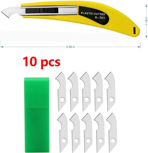 Vista 2 de Cuchillo profesional de corte de láminas de plexiglás acrílico, con un mango curvo, es más cómodo de usar. Un mango, 11 cuchillas. (Amarillo)