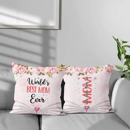 Vista 2 de Useful Gifts for Mom, World's Mom Ever Floral Flowers, Personalized Square Pillow, Gifts for Mother Women from Kids Children