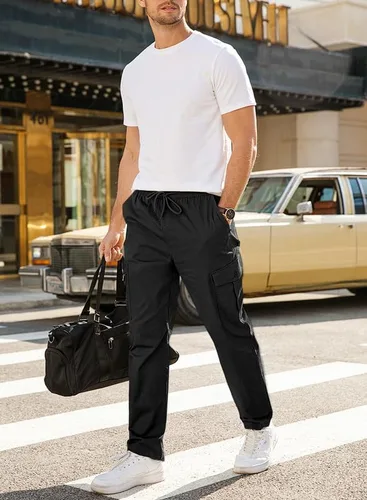 Vista 4 de JMIERR Pantalones cargo casuales para hombre, ajuste relajado, ligeros, elásticos, cintura elástica, con cordón, pantalones tácticos con múltiples