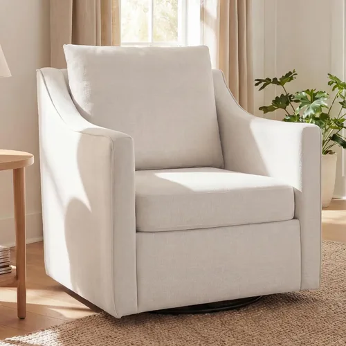 Vista 13 de ANJ Silla giratoria decorativa, silla de barril de terciopelo para sala de estar, cómodo sillón moderno, completamente montado (beige)