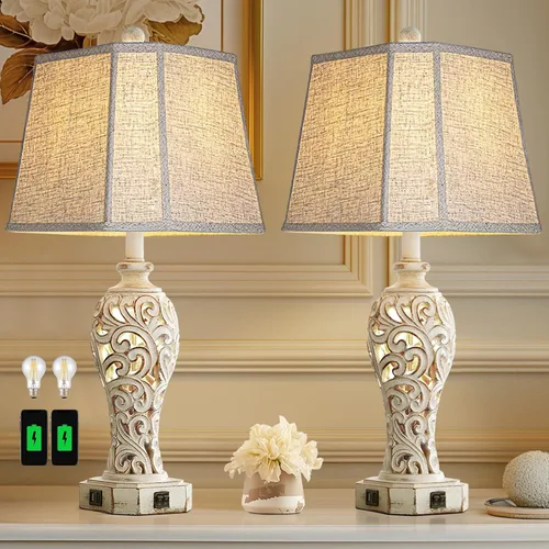 Vista 11 de Lámpara de mesa de granja de 25 pulgadas para sala de estar y dormitorio, lámpara de noche de diseño rústico vintage con 2 puertos USB y luz