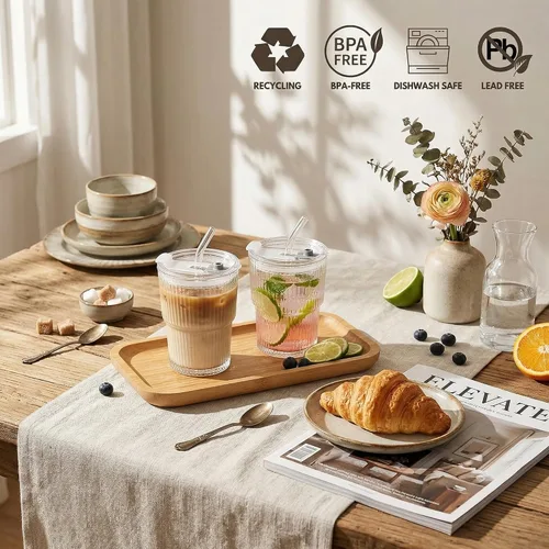 Vista 6 de Haundry Tazas de vidrio acanalado de 14 onzas con tapas y pajitas, paquete de 2 tazas de café helado, juego de cristalería gruesa, tazas de vidrio