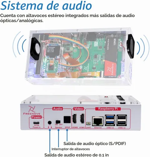 Vista 5 de Freenove Kit de carcasa de PC para Raspberry Pi 5 con ventilador de refrigeración, SSD M.2 NVMe de 128 GB 800 MB/s, cámara de 5 MP, pantalla OLED