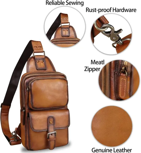 Vista 6 de LRTO Bolso bandolera de cuero genuino para motocicleta, hecho a mano, para senderismo, mochila de hombro retro, Marrón, Mochilas Sling