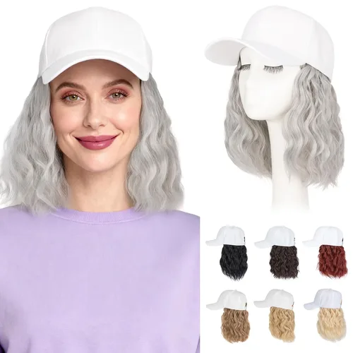 Vista 33 de Hairro Peluca de gorra de béisbol con cabello adjunto, corto estilo Bob ajustable, extensiones de cabello sintético para mujeres, balayage