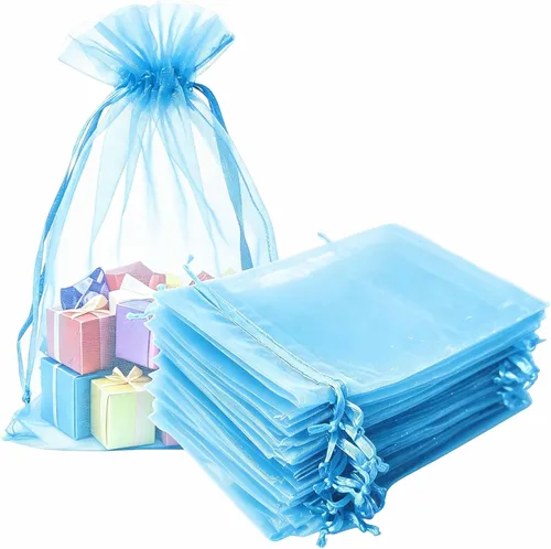 Vista 26 de Bolsas de regalo de organza de 4 x 6 pulgadas con cordón para joyas, dulces, paquetes de 50 bolsas de té de tela transparente azul aguamarina