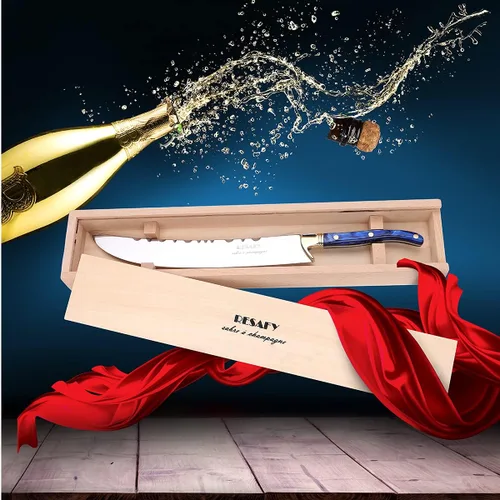 Vista 2 de Resafy Sable de champán con caja de madera - Abreespada de cuchillo de champán para regalo de boda de fiesta (azul)
