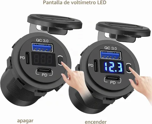 Vista 2 de Toma de corriente USB de 12 V, enchufe de cargador de coche USB C dual y puerto de carga rápida 3.0 con voltímetro e interruptor de alimentación