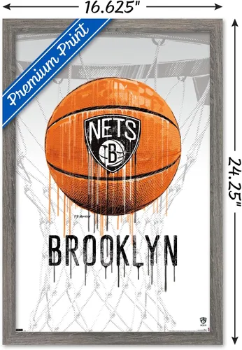 Vista 3 de Trends International NBA Brooklyn Nets - Póster de pared Drip Basketball 21, 14.725 x 22.375 pulgadas, versión enmarcada de madera de granero