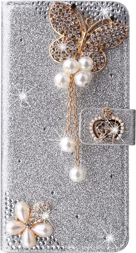 Vista 6 de XYX Funda tipo cartera para Samsung Galaxy A32 5G, Bling Glitter Crown Butterfly Diamond Flip Card Slot Luxury Girl Women Phone Cover - Negro