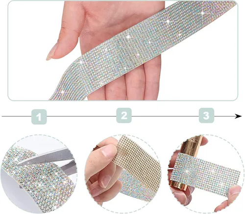 Vista 4 de 3 rollos de 9 yardas de cinta autoadhesiva de diamantes de imitación AB coloridos diamantes de imitación con diamantes de imitación de 0.079