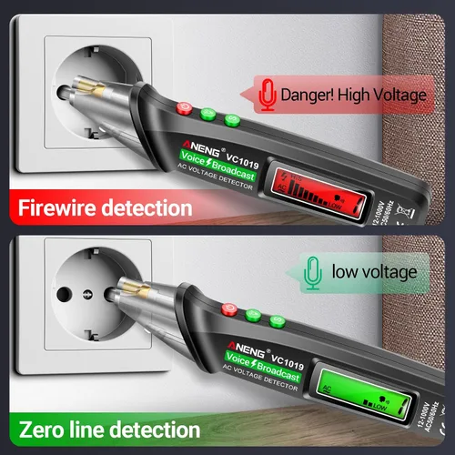Vista 3 de ANENG - Probador de voltaje con transmisión de voz sin contacto con rango de CA 12V-1000V, herramientas eléctricas de cables vivo/nulo con pantalla