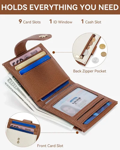 Vista 2 de BOSTANTEN - Billetera delgada para mujer, pequeña, con bloqueo RFID, tarjetero de cuero plegable con cremallera y bolsillo para monedas, Pequeña