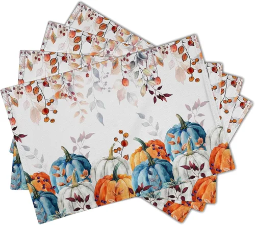 Vista 2 de Juego de 4 manteles individuales de otoño para mesa de comedor, hojas de calabazas de otoño, cosecha de Acción de Gracias, tela lavable