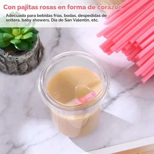 Vista 5 de Ziliny 25 juegos de vasos de plástico con pajitas y tapas de corazón rosa