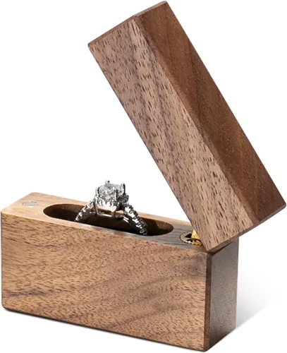 Vista 5 de Caja de anillo de compromiso de madera, pequeña funda plana delgada para propuesta, boda (Qué tal para siempre)