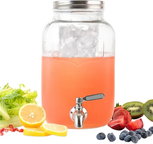 Vista 4 de Dispensador de bebidas de vidrio de 2 galones con infusores de hielo y frutas, espita de acero inoxidable y tapa de metal, dispensador de bebidas