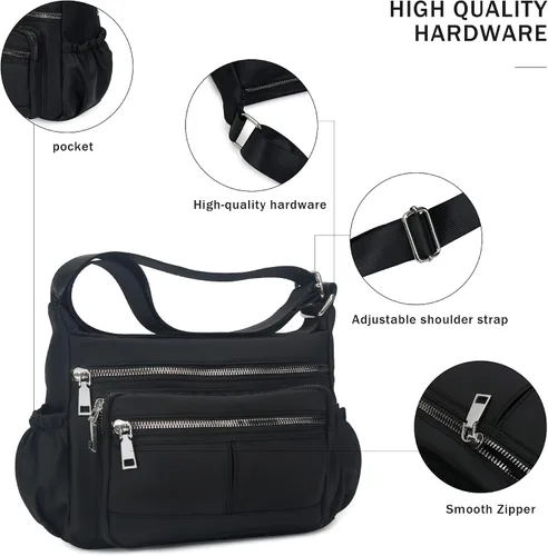 Vista 5 de Chinllo Bolso cruzado de nailon para mujer, con múltiples bolsillos, espacioso, bolso de hombro con correa