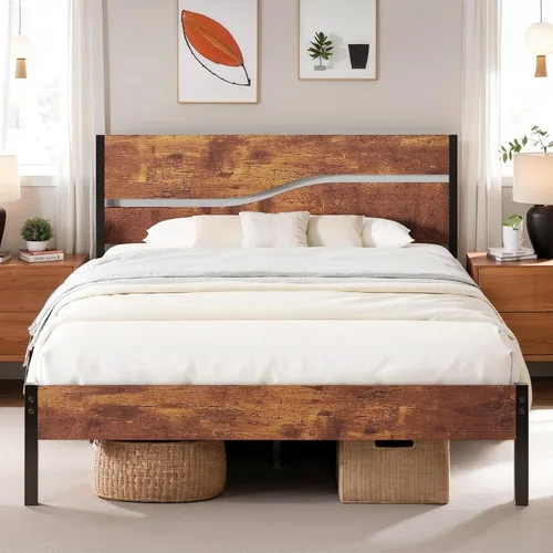 Vista 10 de VECELO Base de cama tamaño individual, plataforma de metal resistente con cabecera de madera, no necesita somier, color marrón antiguo