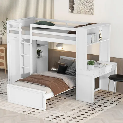 Vista 11 de Cama tipo loft de tamaño individual con armario, marco de cama de madera con plataforma independiente, estantes de almacenamiento y barandilla