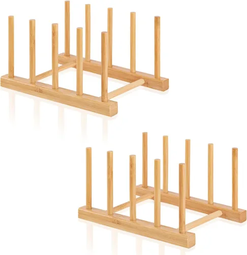Vista 9 de Paquete de 1 estante de madera de bambú para platos, tapa de olla, tabla de cortar, organizador para gabinete, organizador de gabinete de cocina
