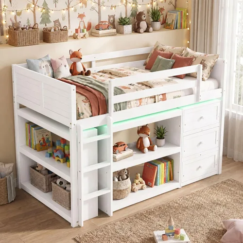 Vista 10 de KOMFOTT Twin Low Loft Bed with LED Lights, Modern Loft Bed (Grey)