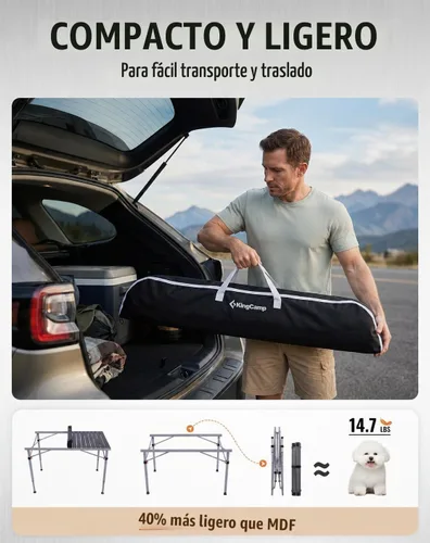 Vista 5 de KingCamp Mesa de camping plegable de 265 libras, mesa de exterior 4P - 42.1 × 27.6 pulgadas - 3 altura ajustable