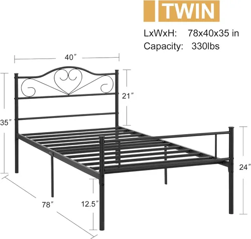 Vista 2 de VECELO Base de cama de plataforma metálica de tamaño individual de 14 pulgadas con cabecero y piecero, base de colchón resistente con soporte