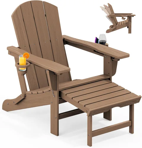 Vista 30 de KINGYES Silla Adirondack plegable ajustable con otomana y 2 portavasos, silla reclinable Adirondack HDPE con reposapiés, Aruba