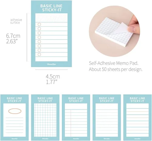 Vista 2 de Monolike Basic Line Blue Sticky-it - Juego de 6 blocs de notas autoadhesivos, 50 hojas