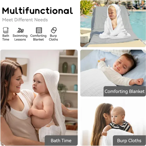 Vista 3 de Toallas con capucha para bebés y niños pequeños, toalla de baño de muselina suave y absorbente para niños y niñas (blanco puro, 1 unidad)