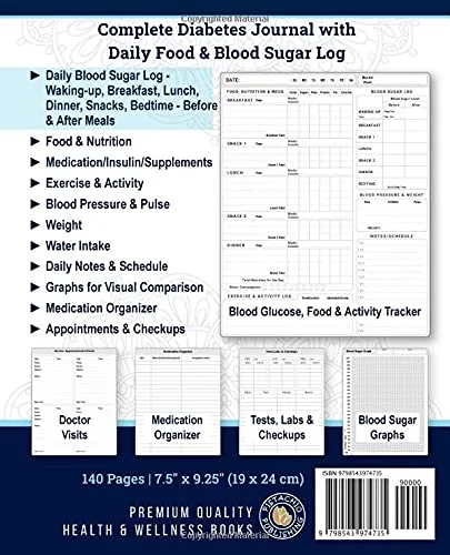 Vista 2 de Complete Diabetes Journal with Food & Blood Sugar Log Daily Blood Glucose Monitoring at Each Meal(BeforeAfter) with Food, Nutrition