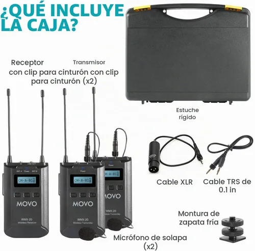 Vista 2 de Movo WMX-20-DUO Sistema de micrófono inalámbrico UHF de 48 canales con 1 receptor, 2 transmisores y 2 micrófonos de solapa compatible con cámaras