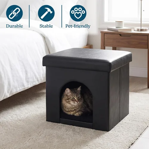 Vista 3 de Cat House - Otomana plegable multiusos para perros o gatos pequeños con reposapiés, parte superior acolchada y almohada interior (negro)