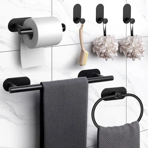 Vista 4 de JiGiU Toallero autoadhesivo para baño, incluye toallero de baño de 16 pulgadas, soporte para papel higiénico, anillo de toalla y 3 paquetes