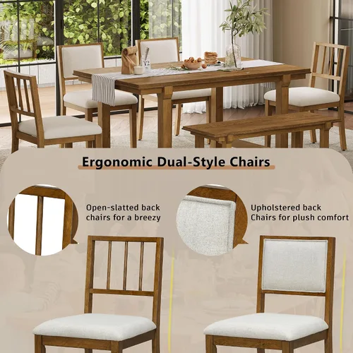 Vista 210 de Juego de mesa de comedor vintage de 6 piezas, juego de mesa de comedor de cocina de madera maciza con 4 sillas ergonómicas acolchadas y banco, mesa