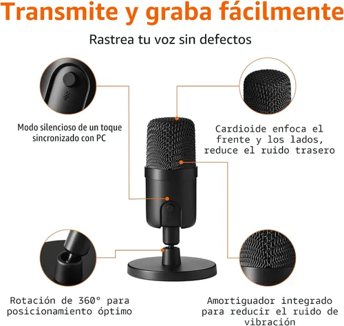 Vista 2 de Amazon Basics Micrófono USB de condensador para transmisión, grabación y podcast en PC, plug and play, captación cardioide, soporte ajustable
