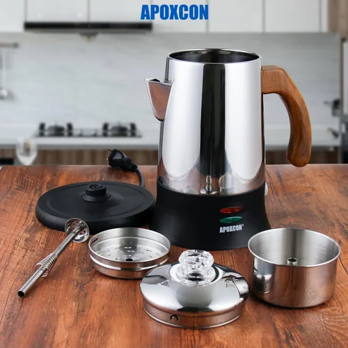 Vista 3 de APOXCON Percolador de Café Eléctrico Cafetera de Acero Inoxidable con Perilla de Vidrio Resistente Transparente para Ver el Progreso