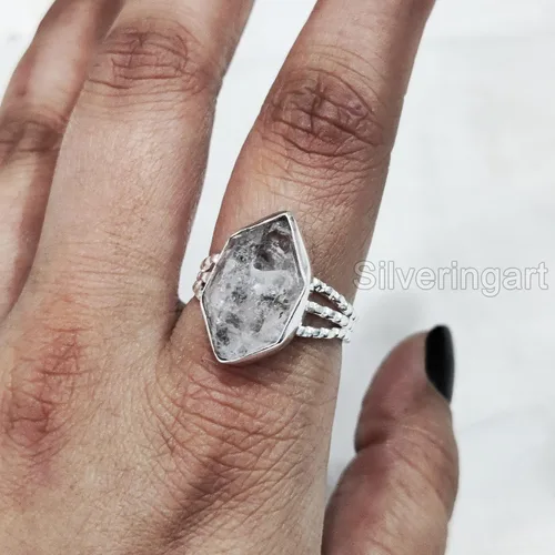 Vista 3 de Natural Herkimer Diamond Ring, Rough Herkimer Diamond Ring, Birthstone, 3 Doted Band, 925 Sterling Silver, Womens Ring, Christmas, Thanksgiving