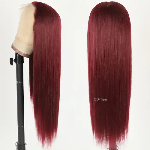 Vista 4 de QD-Tizer Pelucas de cabello sintético con encaje frontal de 13 x 6 pulgadas, sin pegamento, color rojo vino, color burdeos, pelucas de cabello largo