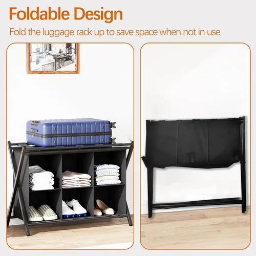 Vista 7 de Huhote Portaequipajes para habitación de invitados, soporte plegable para maleta con estante de almacenamiento de tela de 6 cubos, soporte