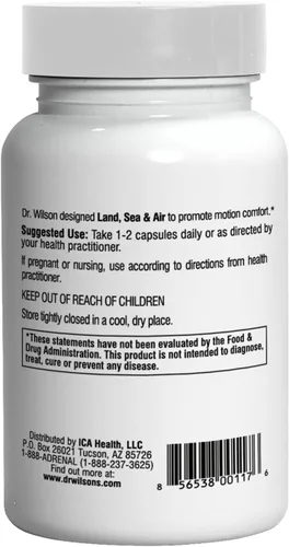 Vista 2 de Dr. Wilson's Land, Sea & Air para movimiento y comodidad de viaje 45 cápsulas Targeted Nutrient and Herbal Support for Motion and Travel Comfort*