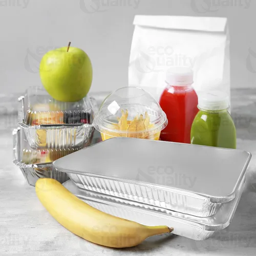 Vista 4 de Sartenes de aluminio desechables de 9 x 13 pulgadas, bandejas de aluminio de tamaño medio con tapas, mesa de vapor resistente, sartenes de papel